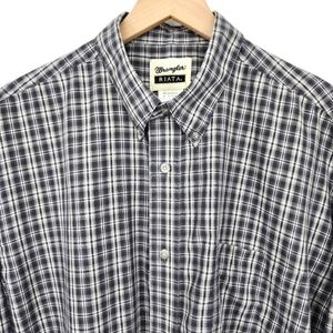 VTG Wrangler Riata Button Down‎ Shirt Mens Size XL Gray Plaid Western Workwear
